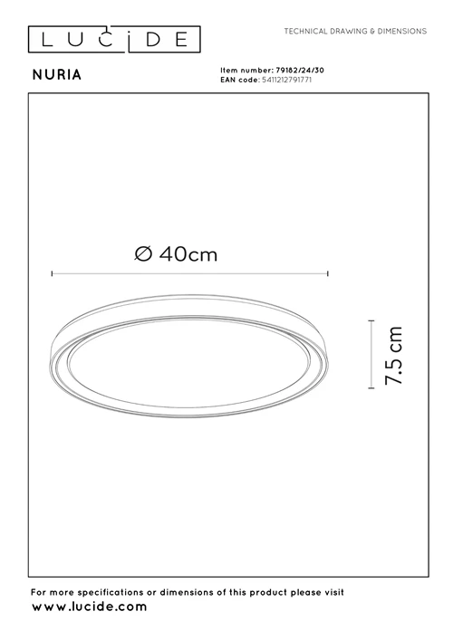Lucide NURIA - Deckenleuchte - Ø 40 cm - LED 3 StepDim - 1x24W 2700K - Schwarz - technisch
